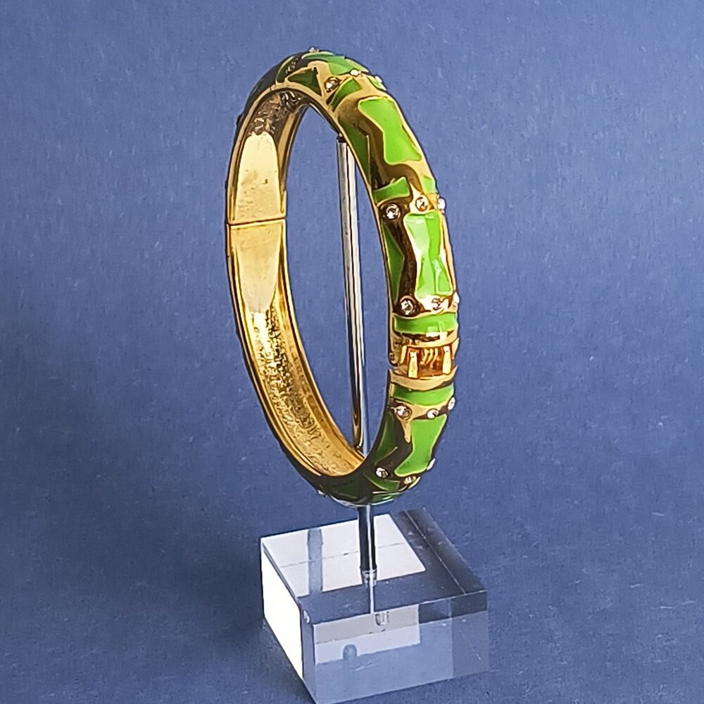 Geo Faux Crystal Enamel Hinged Bangle Round Bracelet Lime Green Gold Tone